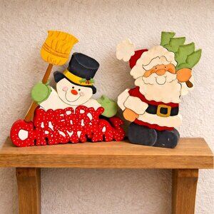 Vintage Hand Painted Wood Santa and Snowman Shelf Sitter Artist Signed Christmas